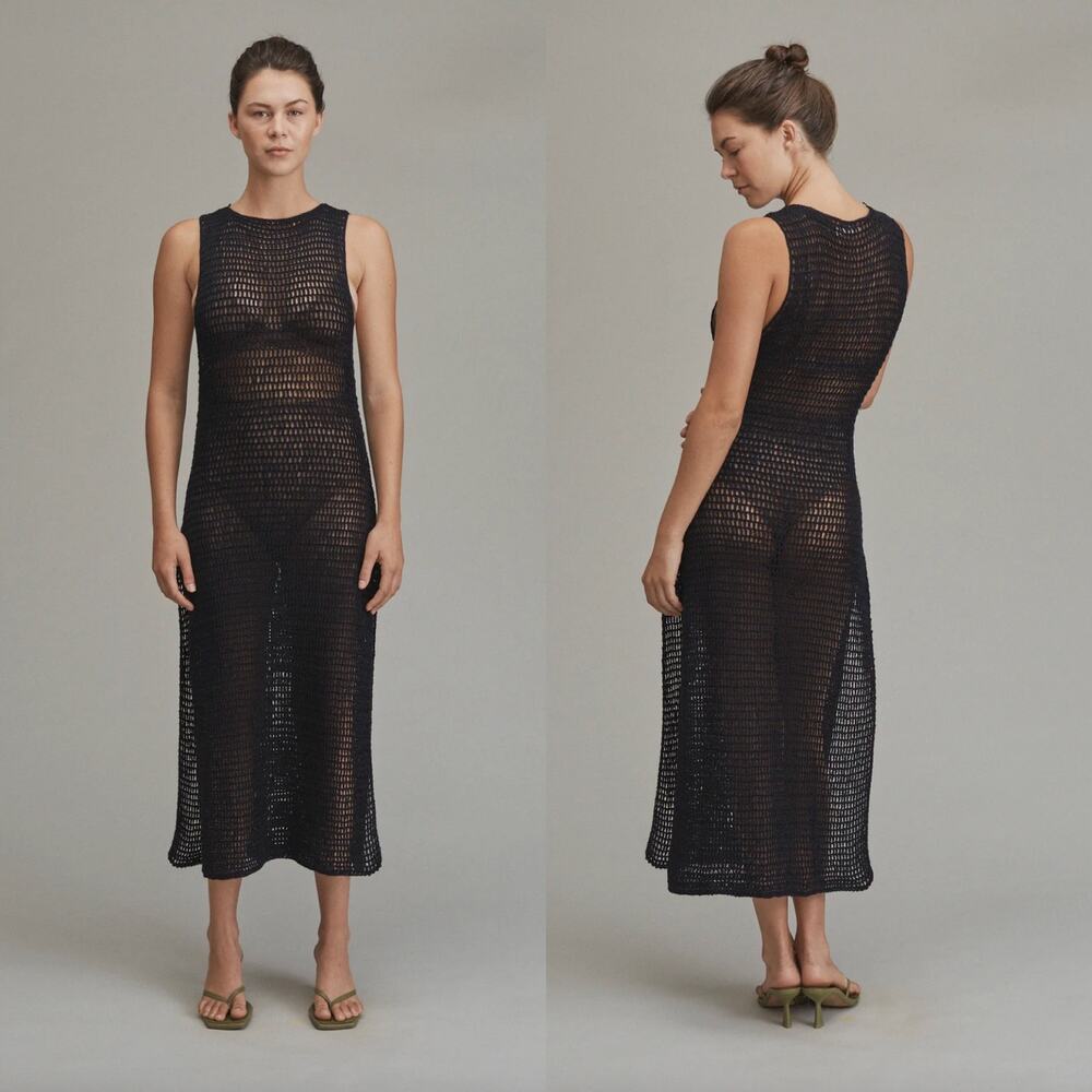 Acacia Swimwear SYBIL Crochet Dress - Black - Recycled Cotton Midi - Large - NWT